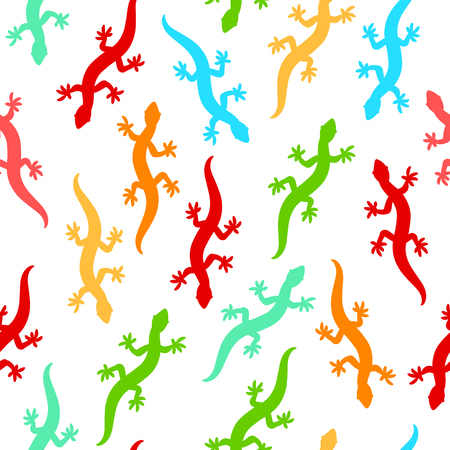 Colorful gecko lizards silhouettes seamless pattern on white, vector backgroundのイラスト素材