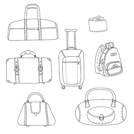 Black and white travel bags linear drawings set, vector collectionのイラスト素材