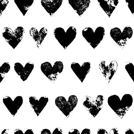 Black and white grunge hearts print seamless pattern, backgroundのイラスト素材