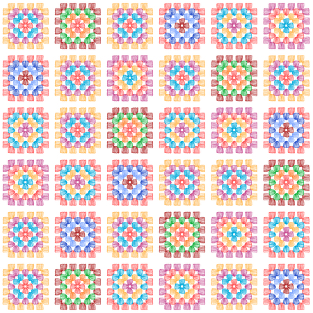 Colorful granny square crochet blanket seamless pattern on white, vectorのイラスト素材