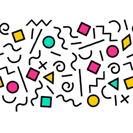 Black and white and colorful memphis abstract geometric shapes seamless border, vectorのイラスト素材