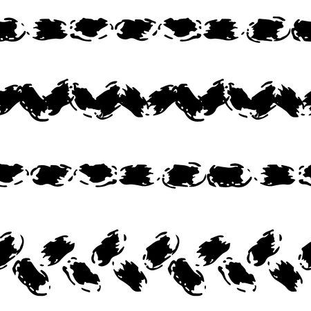 Black and white hand painted chevron and stitch ornament borders grunge seamless pattern.のイラスト素材