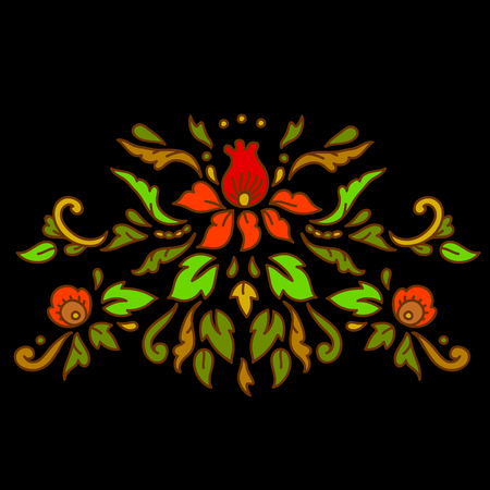 Colorful floral design in russian khokhloma style on black, vector illustrationのイラスト素材