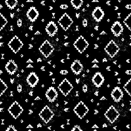 Black and white aged geometric aztec ethnic grunge seamless pattern, vector backgroundのイラスト素材