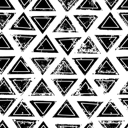 Black and white triangles, aged geometric ethnic grunge seamless pattern.のイラスト素材