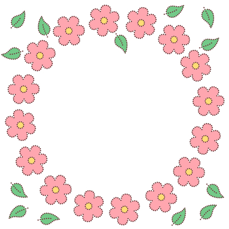 Pink doted sakura flowers and leaves circle frame, vector backgroundのイラスト素材