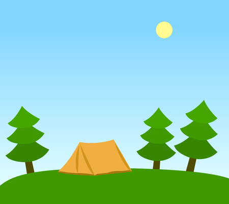 Orange camping tent among fir trees, under clear blue skies, vector illustration.のイラスト素材