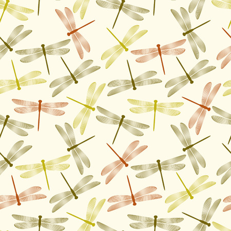 Striped elegant dragonflies in yellow and red seamless pattern, vectorのイラスト素材