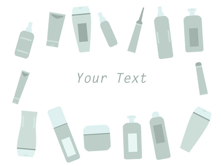 Beauty products gray and blue cosmetic bottles and tubes on white, vector frameのイラスト素材