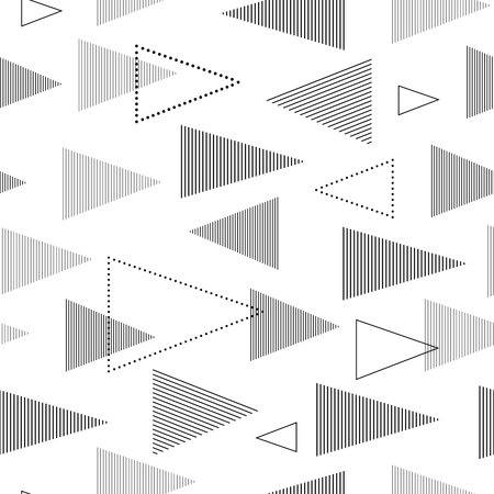 Black and white abstract simple striped and doted triangles geometric seamless pattern, vector...
