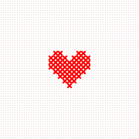 Red simple cute cross stitch heart on white canvas card template, vector illustrationのイラスト素材