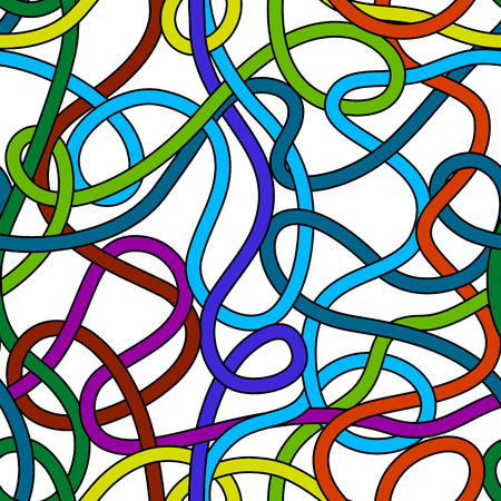 Colorful tangled messy wires on white seamless pattern, vector backgroundのイラスト素材