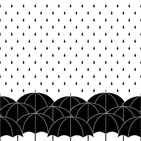 Black and white umbrellas with rain drops, seamless border, vector backgroundのイラスト素材