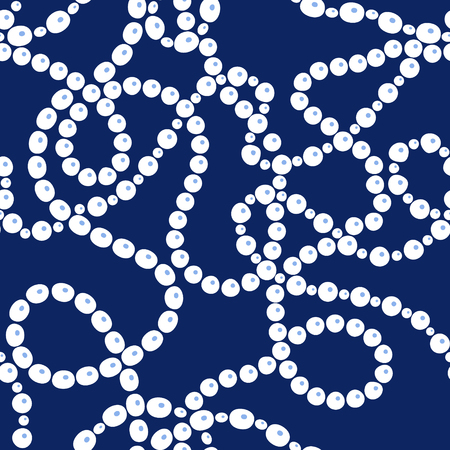 Messy white pearls necklaces and bracelets on blue, seamless pattern, vector backgroundのイラスト素材