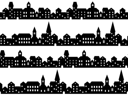 Black and white houses and buildings small town street seamless pattern, vector illustrationのイラスト素材