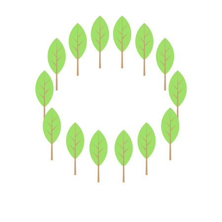 Pastel green and white young thin trees circle frame, spring illustration, vector backgroundのイラスト素材