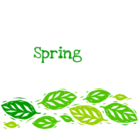 Fresh green linocut silhouettes leaves spring illustration, vector backgroundのイラスト素材