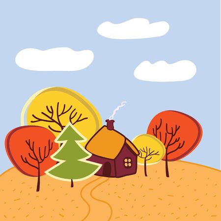 Small house with the garden, between autumn yellow and red trees, smoke coming from the chimney, on a sunny autumn day, vectorのイラスト素材