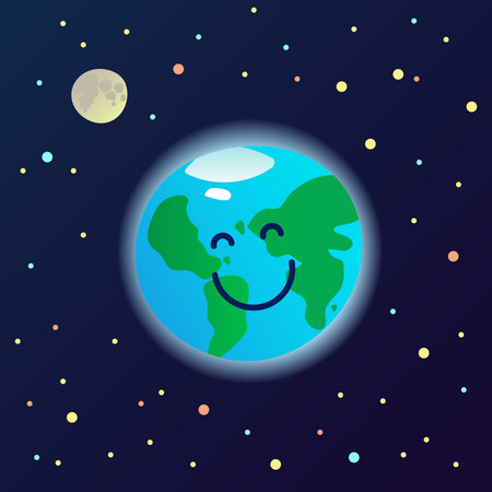 Happy planet Earth mascot in the space - healthy and clean smiling world, ecological card poster, banner, ad template, vectorのイラスト素材
