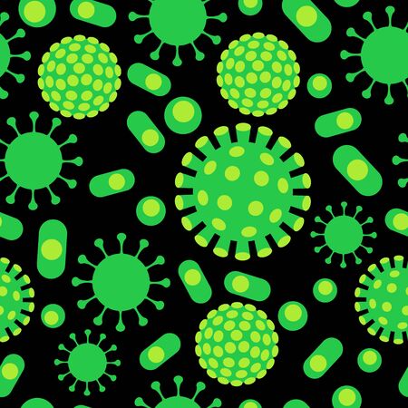 Green vibrant cartoon virus and bacteria cells under microcope on black. colorful microbiology seamless pattern, vectorのイラスト素材