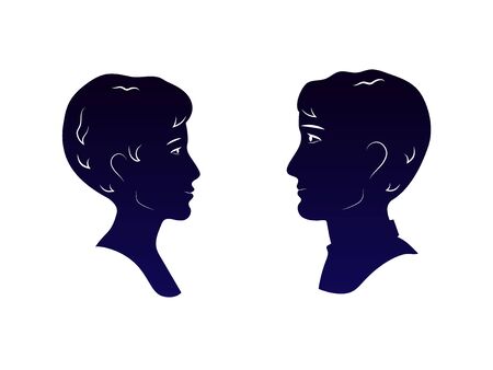 Young man and woman heads dark blue profiles silhouettes looking each other in the eyes, romantic date vectorのイラスト素材
