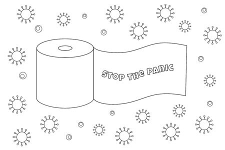 Subtle black and white toilet paper roll with Stop the panic text, simple linear illustration, vector backgroundのイラスト素材
