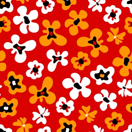 Large colorful white and orange bold flowers on red, seamless pattern, vectorのイラスト素材