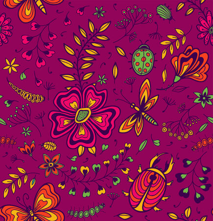 Seamless texture with flowers, beetles, butterflies and dragonflies.のイラスト素材