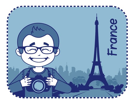 Teaser with photographer travels through France. Man on background of Eiffel Tower in Parisのイラスト素材