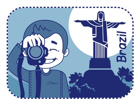 Teaser with photographer travels through Brazil. Man on background of Christ the Redeemerのイラスト素材