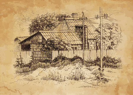 Rural landscape with old farmhouse  Hand drawing illustrationのイラスト素材