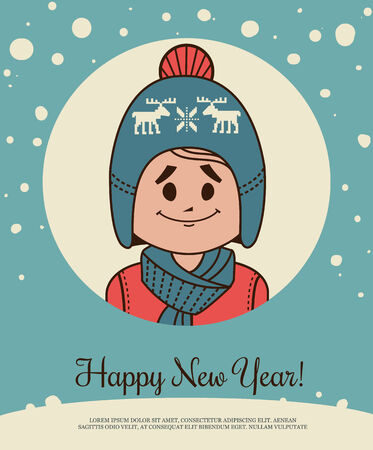 Holiday card with small boy in knitted cap and  sweaterのイラスト素材