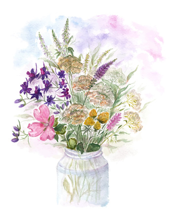 Bouquet of watercolor colorful wildflowers in glass vase. Watercolor vector illustration on white backgroundのイラスト素材