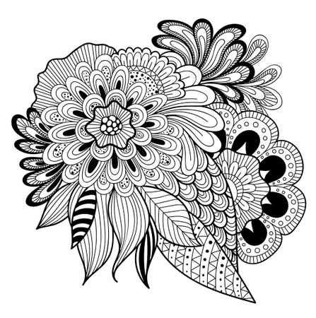 Zen-doodle or Zen-tangle floral pattern. Composition in Indian style. Vector illustration.のイラスト素材