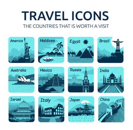 Set of travel icons with different countries of the world. Travel and tourismのイラスト素材