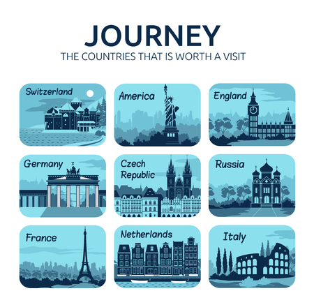 Set of flat travel icons with different countries of the world. Travel and turismのイラスト素材