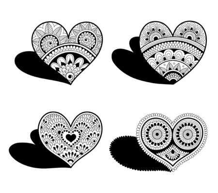 Hearts in mehndi style. Decorative elements for Valentines Dayのイラスト素材