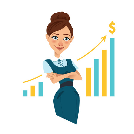 Woman stands near board with profit growth chart.のイラスト素材