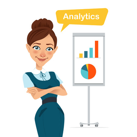 Woman stands near flipchart with chart, diagram.のイラスト素材