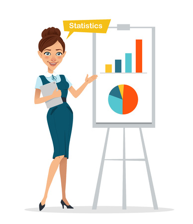 Woman with digital tablet standing near flipchart . Woman pointed to chart and diagram. Statistics.のイラスト素材