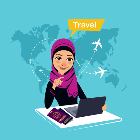 Travel agency banner. Arab woman sitting at table in office and makes out the purchase of tickets. Travel conceptのイラスト素材
