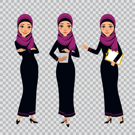 Arab business women characters in different poses on transparent background. Women with clipboard and tabletのイラスト素材