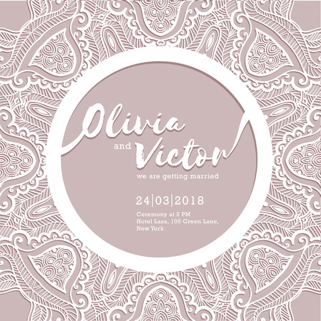 Wedding invitation card. Template of wedding card with lace border. Vector ornament frame. Laser cut patternのイラスト素材