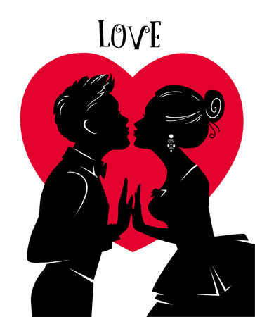 Valentines Day Card. Lovers kiss. Man and woman kissing on background of red heart.のイラスト素材