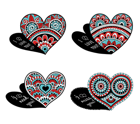 Lace decorative hearts for Valentine's day. Doodle heart love with ornaments black and white Indian style.のイラスト素材