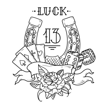 Horseshoe with playing cards,dice,shamrock clover and number 13. Black and white illustrationのイラスト素材