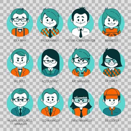 Flat graphic people icons. Set of people avatars on transparent backgroundのイラスト素材