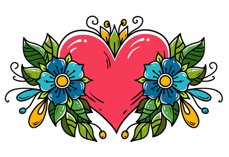 Tattoo pink heart decorated ribbon, blue flowers, leaves, curls. Holiday illustration for Valentine's Day, old school.のイラスト素材