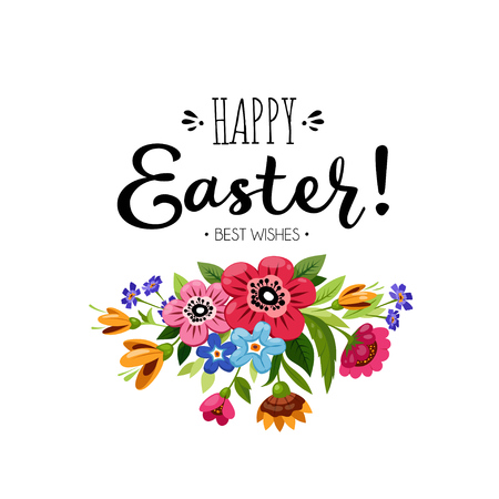 Template of Happy Easter card with bouquet of flowers and inscription isolated on plain background.のイラスト素材