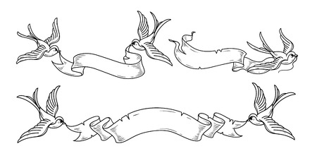 Swallows carry ribbon.Vintage ribbon for design. Black and white illustration.のイラスト素材